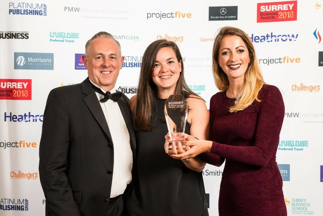 Marketing Director Laura Gordon and Marketing Manager Caroline Beldham receive the Best Customer Service Award from judge Keith Jackman from Mercedes-Benz of Guildford