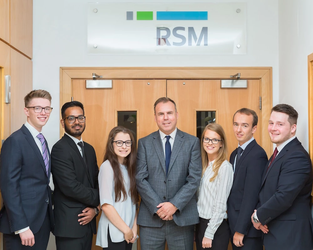 RSM New trainees Newcastle (L-R) Lewis Farish, Mishbah Islam, Emma Allison, Steve Railton, Harriet Hindmarsh, John O'Sullivan and Ben Wales sml