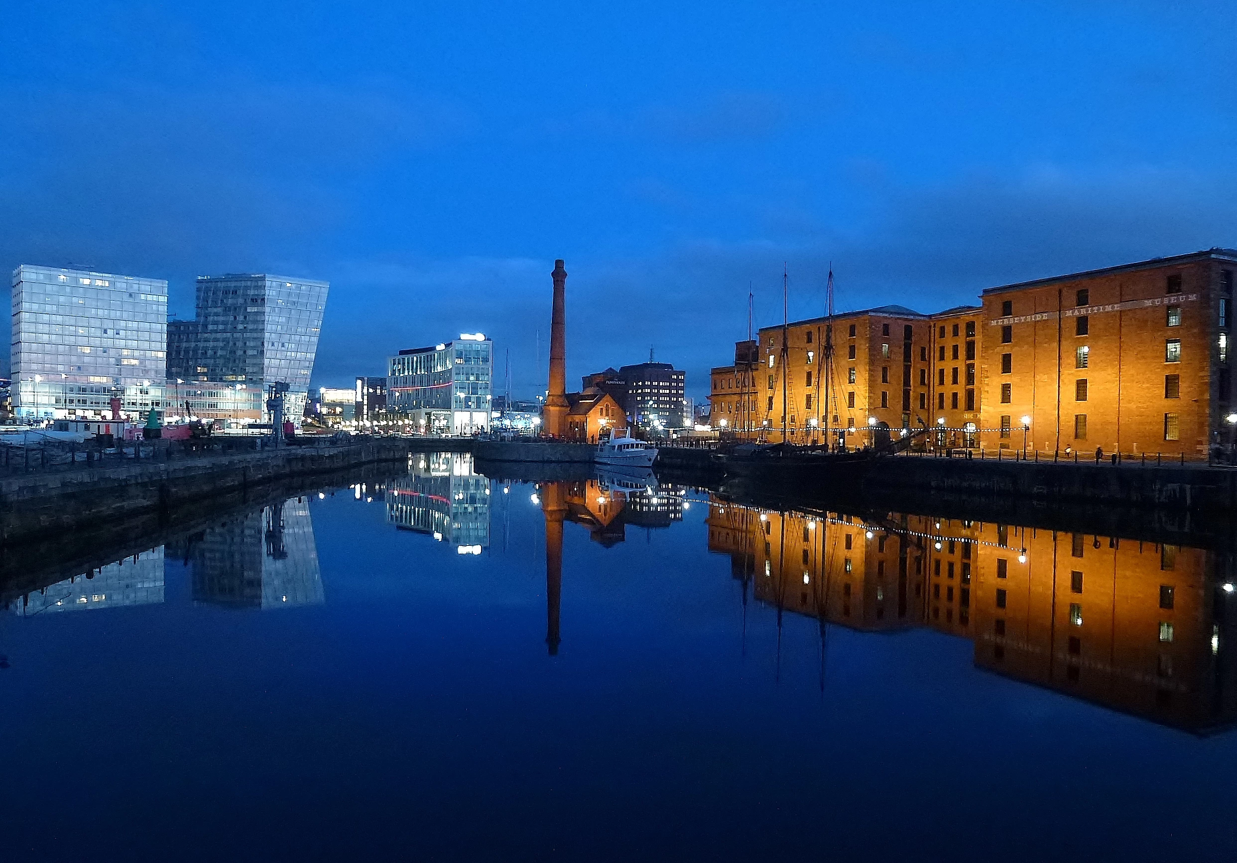 Albert Dock and Canning Half Tide Dock Liverpool, at dusk today.