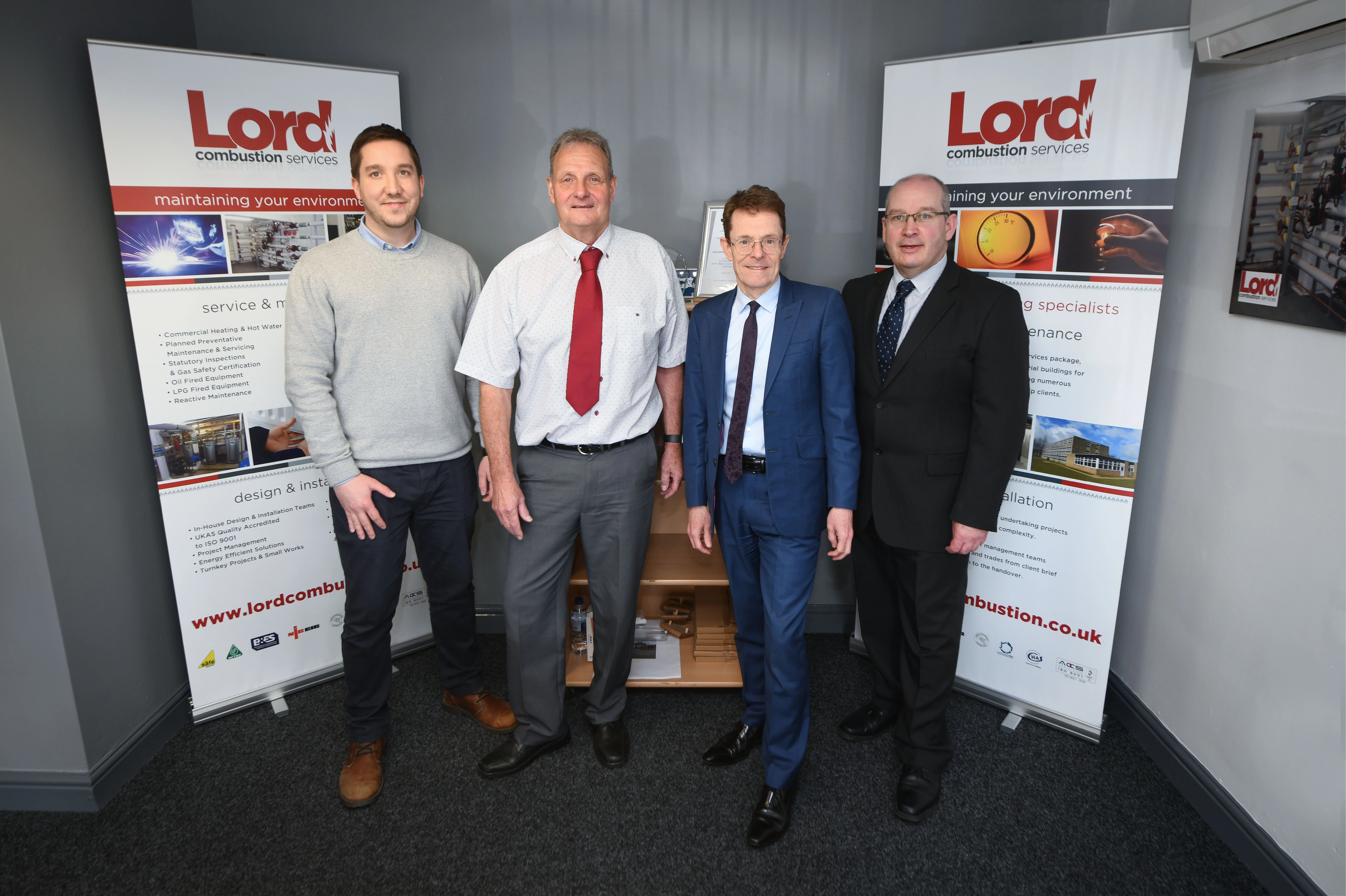 From left, Lord Combustion Services directors Greg Jones and Mark Chapman, West Midlands Mayor Andy Street and Lord MD Stuart Smith 