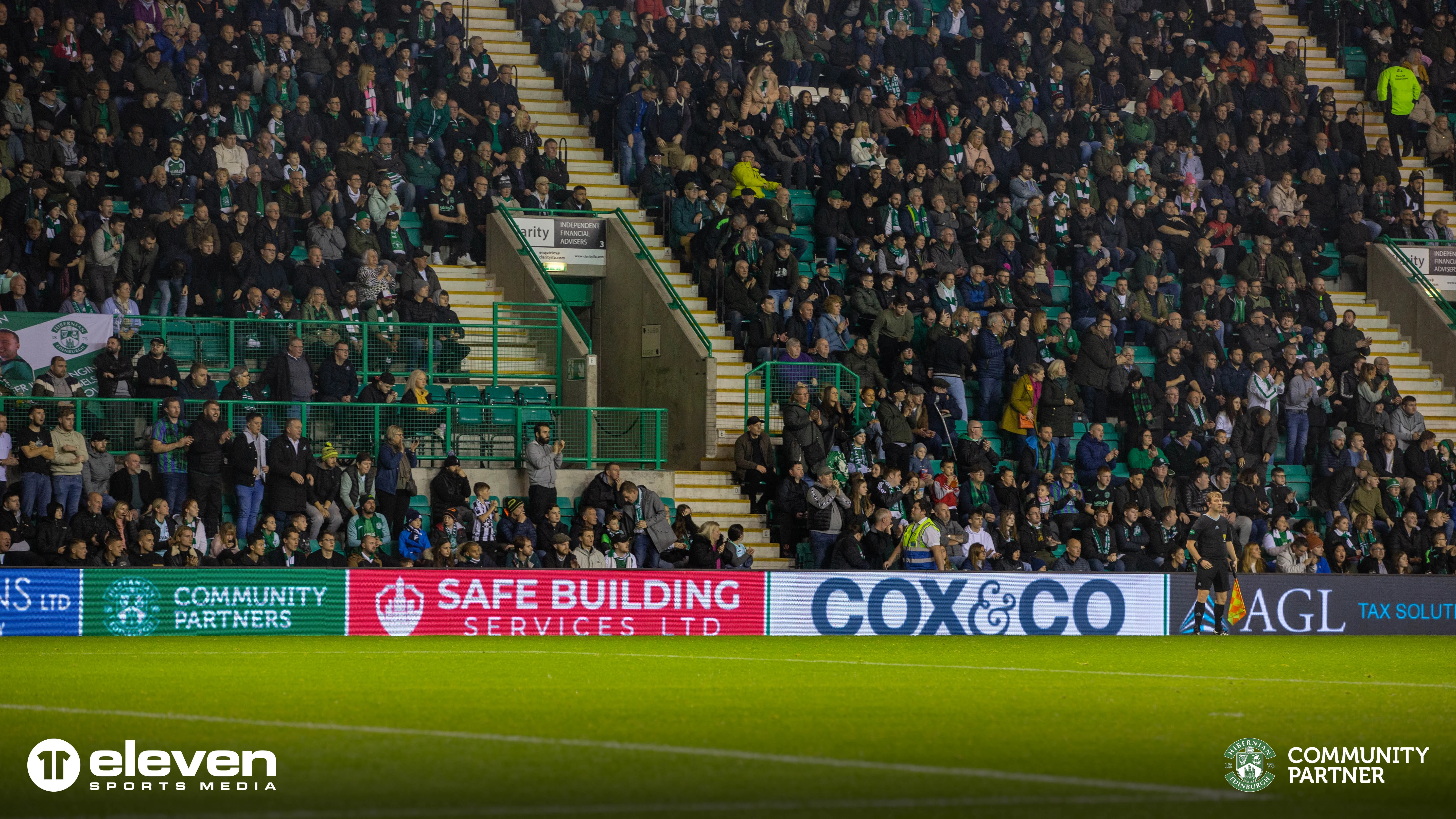 Cox & Co branding seen on the LED boards at Hibs' Easter Road Stadium