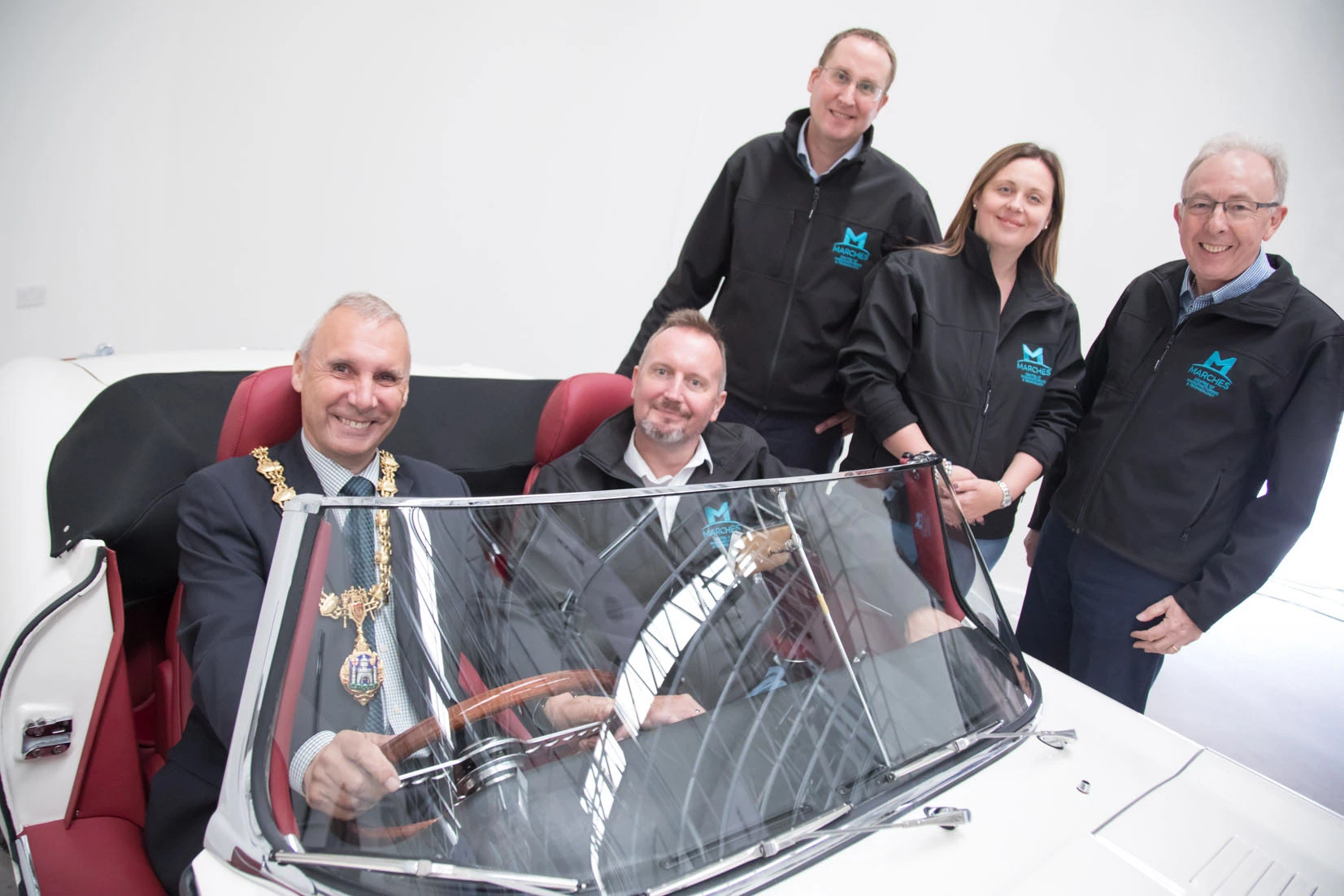 (l-r) Ron Whittle (Mayor of Bridgnorth), Christopher Greenough (Salop Design & Engineering), Matthew Snelson (MCMT), Bekki Phillips (In-Comm Training) and Mike Roe (Classic Motor Cars)