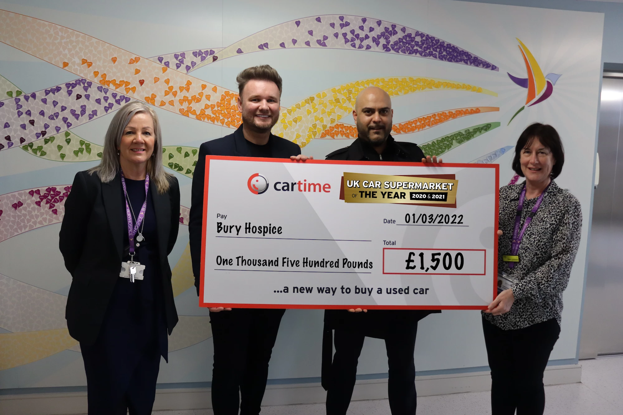 Alison Holland, Head of Fundraising and Helen Lockwood, CEO from Bury Hospice, with Matt Kay from Cartime and Nawasad Irshad from Enterprise. 