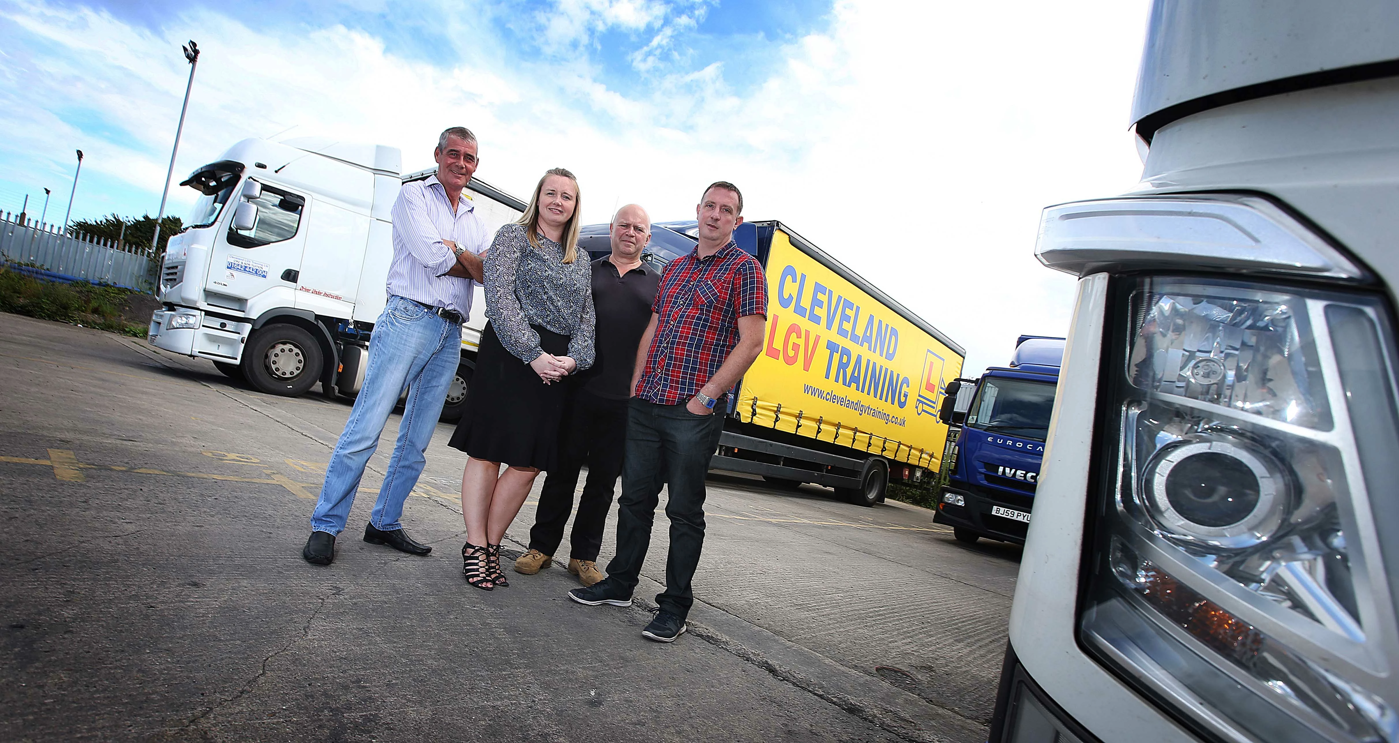 Sarah Thorpe of UK Steel Enterprise with (from left) Dan Wilcox, Jim Glew and Matt Switzer of Cleveland LGV Training Ltd.