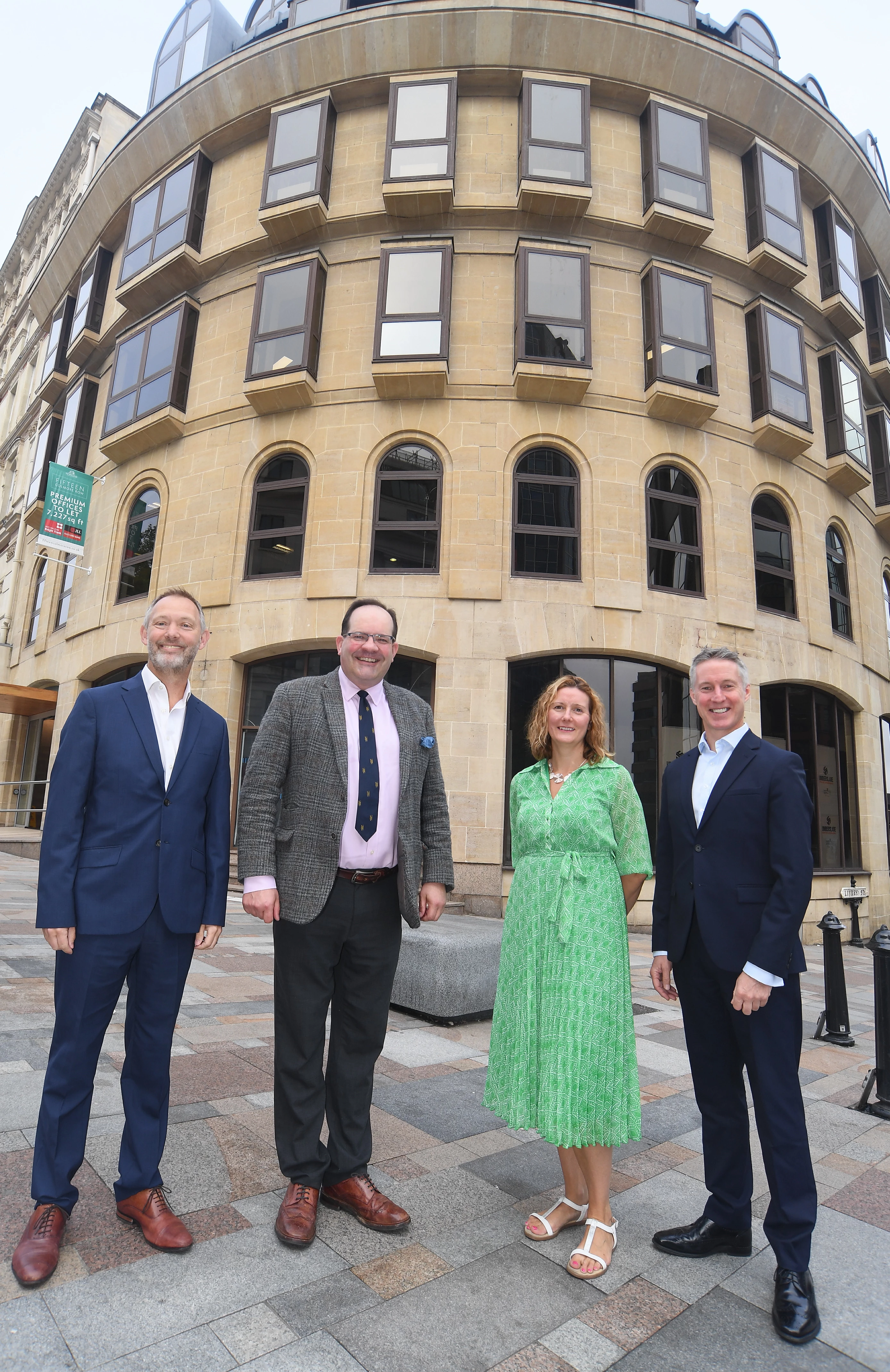 From left: Mike Price (Head of Commercial Agency at Fisher German), Charles Warrack (Partner at Fisher German), Nina Meeks (Hortons), and Stuart Flint (Divisional Managing Partner at Fisher German) outside Fifteen Colmore Row in Birmingham.
