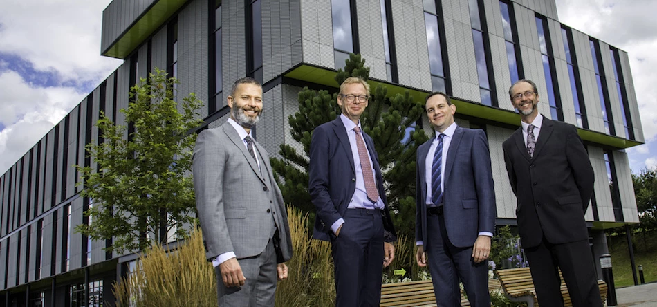 L-R: Lee Williams (Langtree buildings manager), Mats Eriksson (electron microscope department manager of Europe for Hitachi), Mike Dixon, (Hitachi’s electron microscope section manager) and John Leake (Sci-Tech Daresbury business development manager)