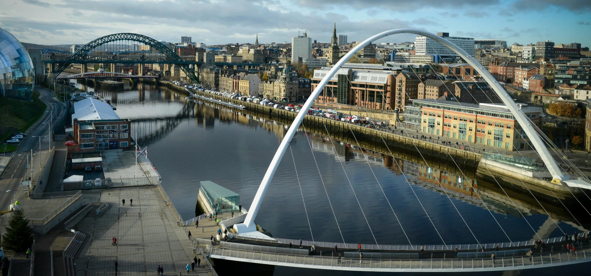 Stunning aerial view of bridges over the River Tyne in Newcastle, capturing urban architecture and vibrant skyline.