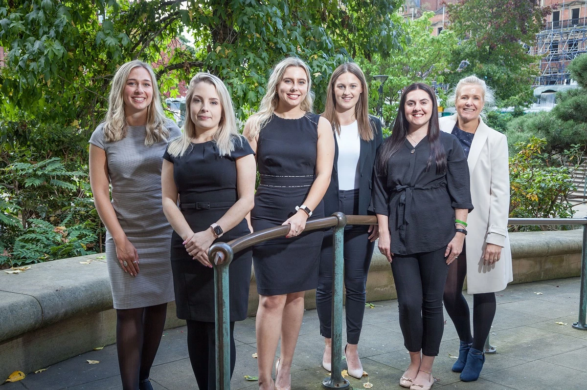 Taylor&Emmet's new recruits (left to right) Gaby Mather, Martha O'Toole, Emma Tumblety and Bethany Jenkins with the firm's HR team, Lauren Partridge and Sharna Poxon. 