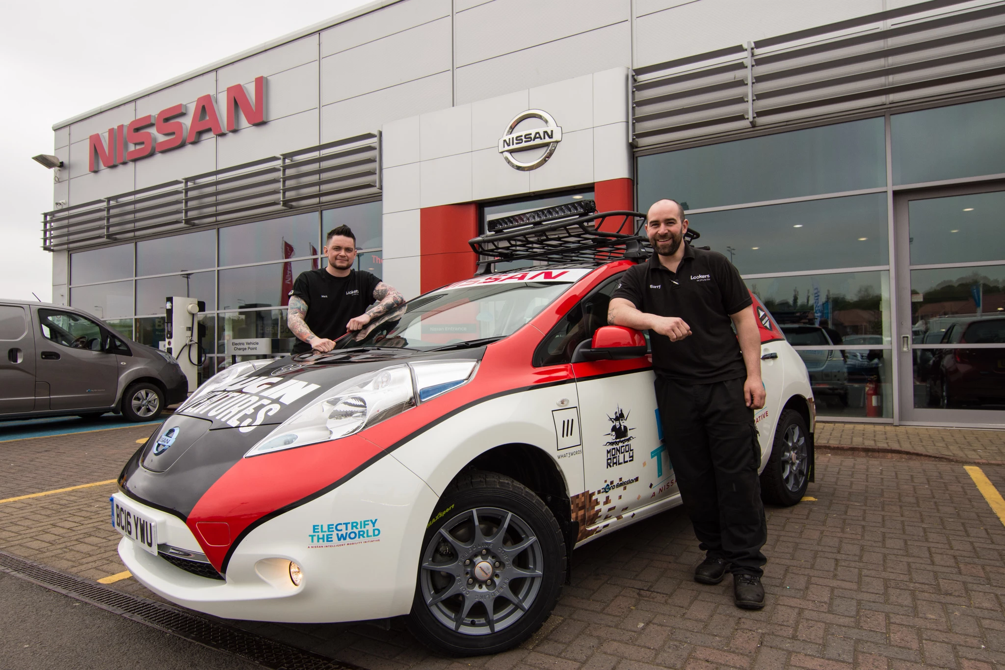 Mark Thirlte (Left) and Barry Jacques with the Nissan Leaf rally car set to feature in the upcoming Mongol Rally.