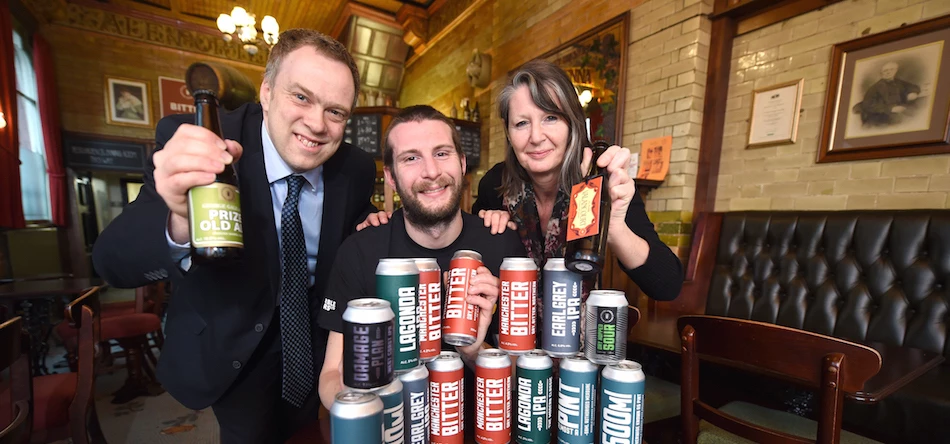 L-R: MHA Moore & Smalley’s Stephen Haywood with Marble Beers’ head brewer Joe Ince and director Jan Rogers