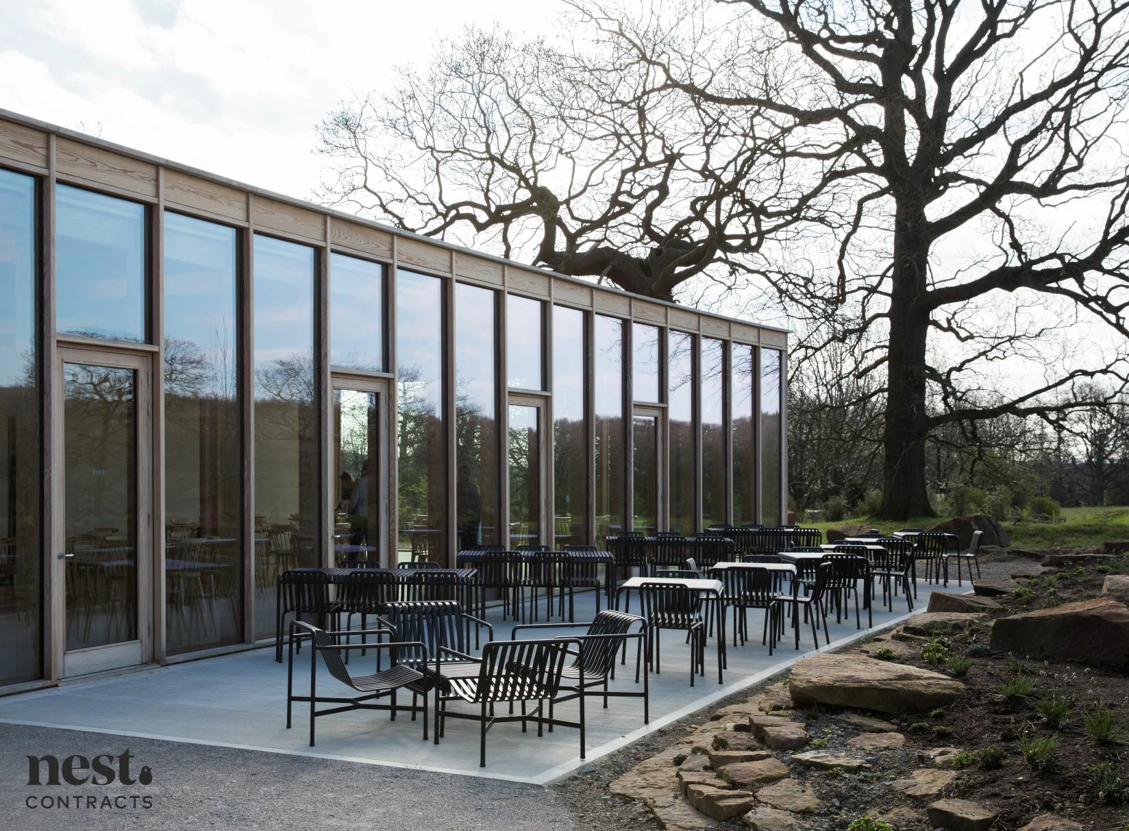 HAY Palissade outdoor seating supplied by Nest Contracts for The Weston Visitor Centre at Yorkshire Sculpture Park. 