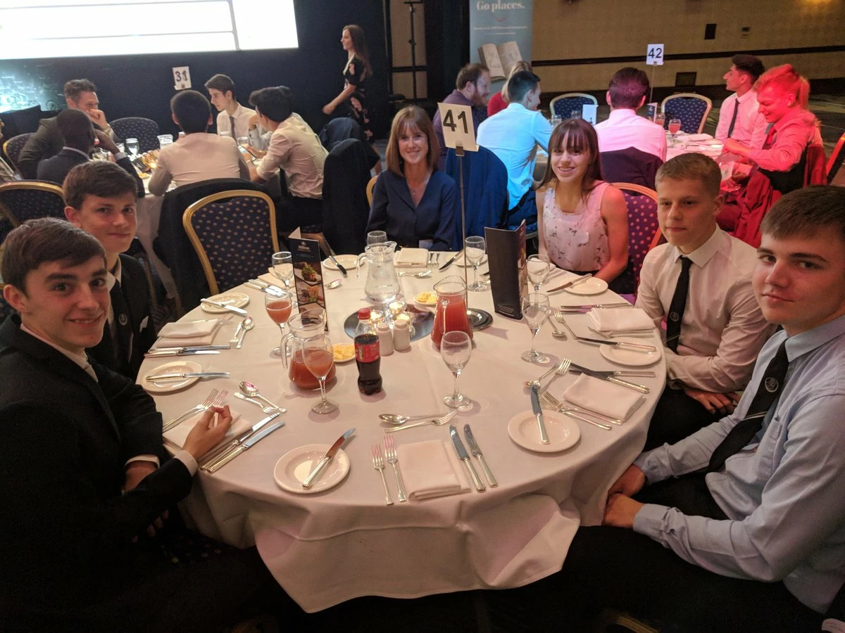 Pupils from St Christopher’s CE High School enjoying dinner at the final of the ICAEW’s 2018 BASE competition; (L- R) Dominik Allen, Nathan Lawrence, Lauren Forbes, Dylan Callaghan and Jamie Newborough