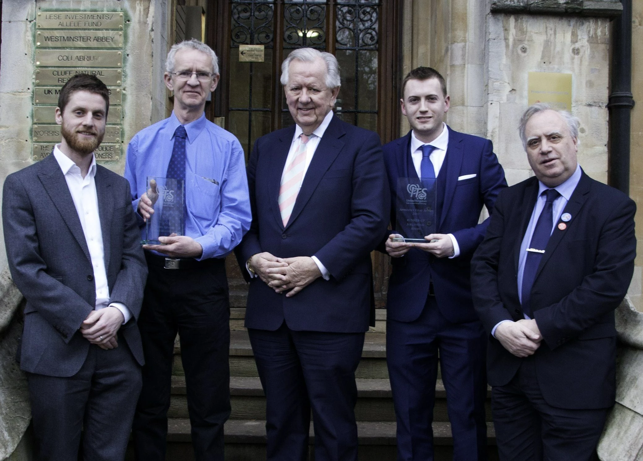 Ian Faddy-Widmann of Amey, Paul Horne of Suffolk County Council, Steven Norris Society President, award winner Joel Shevlin of Atkins, and Paul Firmin of Leeds College of Building.